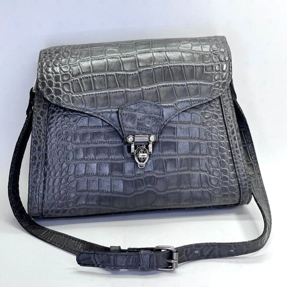 Patricia Nash Croc Embossed Ashmore Bag Smoke Gray  Purse Flap  Turn Lock - Picture 1 of 14
